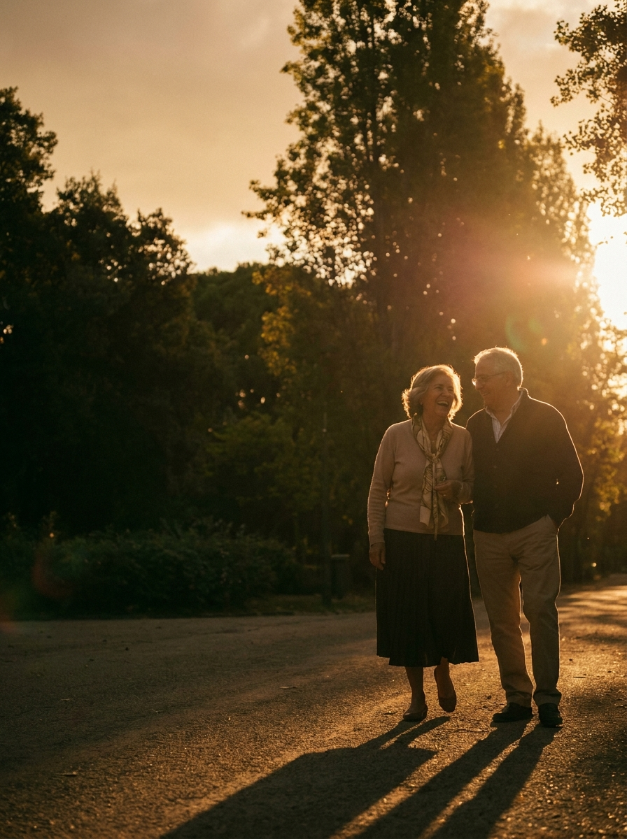 Casal sénior a passear ao pôr do sol